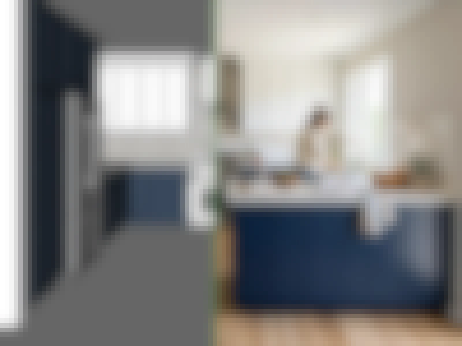 A kitchen shown as a SketchUp model on the left and as an AI rendering of the same view on the right