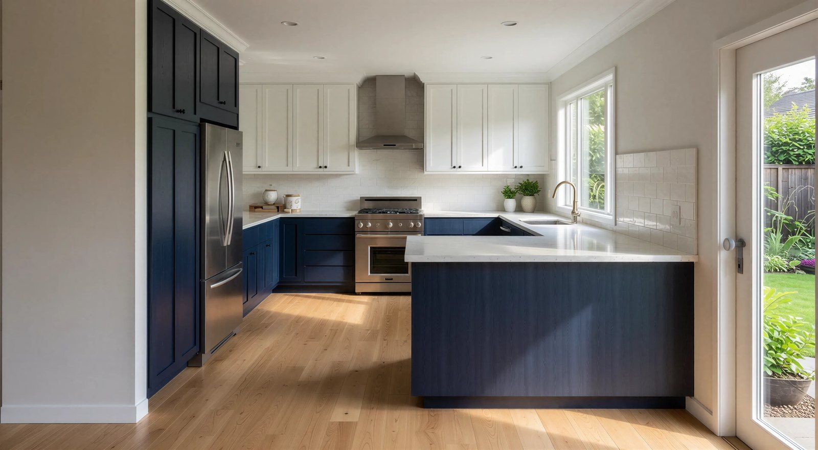 AI rendering of the same kitchen view, with wood floors, stone counters and daylight