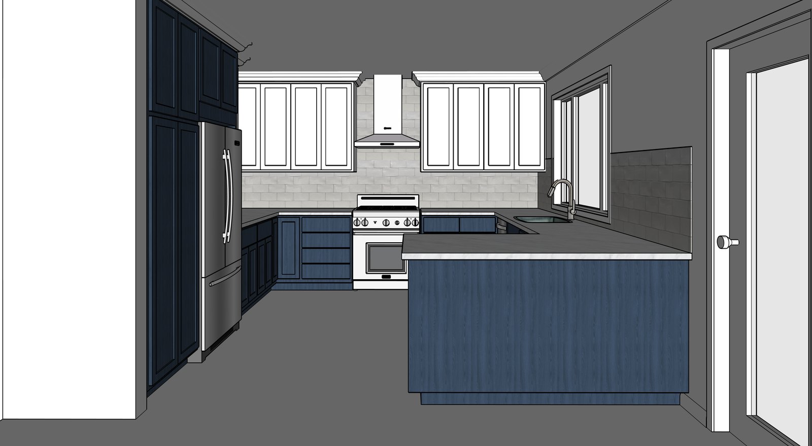 SketchUp model of a kitchen with navy lower cabinets, white upper cabinets and a peninsula